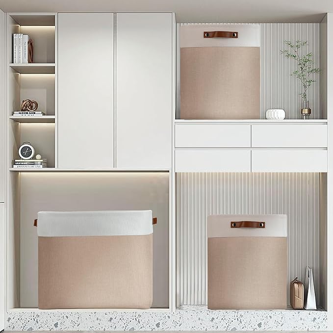 DULLEMELO Large Storage Baskets for Organizing, Canvas Storage Bins Big Baskets With Handles for Shelf Clothes Empty Gift Basket (White&Khaki)