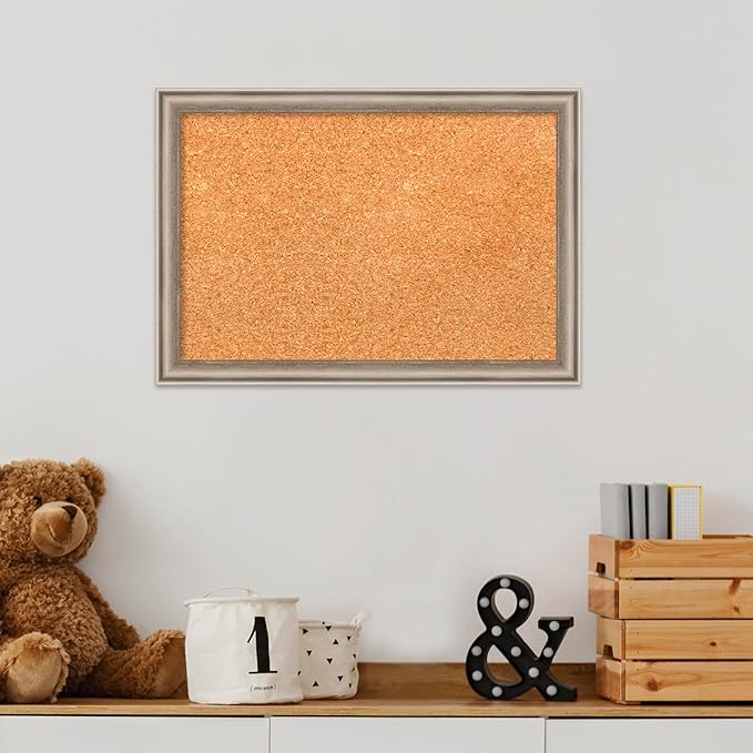 Amanti Art Natural Cork Board for Wall, 14x20 Vision Board with Silver Wood Frame, Small Corkboard Office Decor for Home Organization, Casual Corkboard Pinboard to Display Items for Home Organization