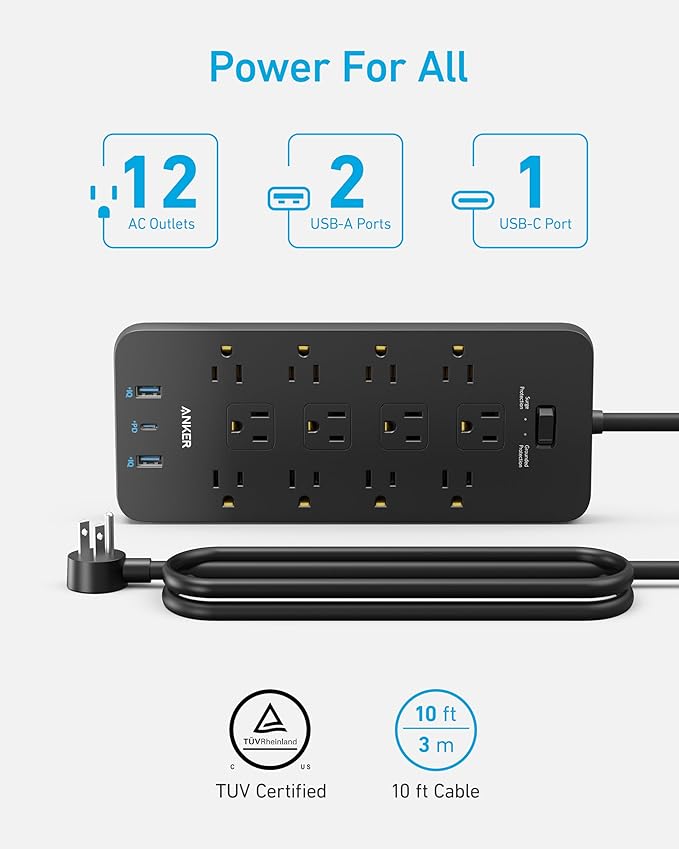 Anker Power Strip with 3 USB Ports, Surge Protector (2100J-10ft), 12 Outlets, 2 USB-A Ports and 1 USB-C Port, Works with iPhone 16/16 Plus/16 Pro/16 Pro Max, for Home, Office, TUV Listed