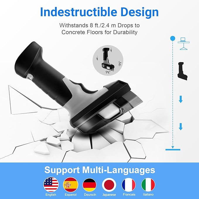 Barcode Scanner Wireless, JRHC Industrial 1D Laser Bar Code Scanners 2 in 1 Plug and Play Rugged Heavy Duty & IP65 Waterproof, Long-Distance Wireless Handheld Barcode Reader with 1.8" Screen