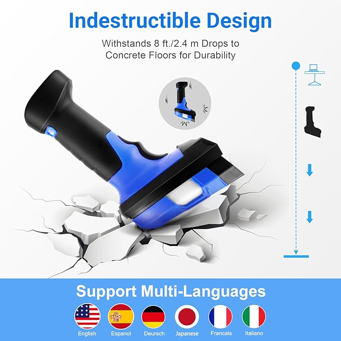 Barcode Scanner Industrial, Wireless 1D Laser Bar Code Scanners 2 in 1 Plug and Play Rugged Heavy Duty & IP65 Waterproof, Long-Distance Wireless Handheld Barcode Reader with 1.8" Screen