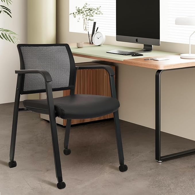 CLATINA Stacking Office Chair with Wheels, Mesh Back Waiting Room Guest Chairs with Arms Comfortable Leather Cushion Stackable Desk Chair for Conference Reception School Side Stationary, Black, 8 PK