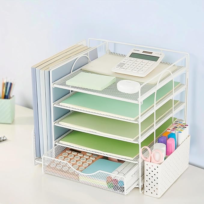 Desk Organizer with Drawer and Pen Holder, 5-Tier Paper Letter Tray Organizer with File Holder, Suitable for Workspace Organizer Office Supplies Storage (White)
