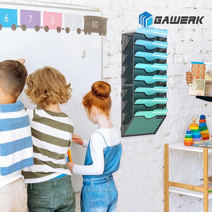 8-Tier Wall File Organizer Hanging Wall File Holder Wall Mount Paper Folder Organize, Mesh Magazine Document Mail Organizer Wall Organizer for Office School Home, Black