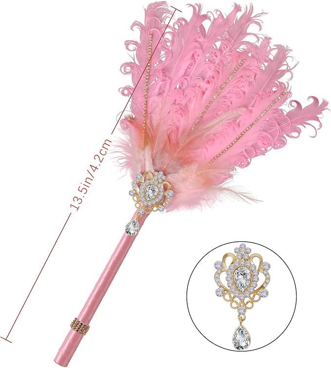 CROWN GUIDE Luxury Feather Quill Pen with Shiny Rhinestones & Curled Goose Feathers- Wedding Guest Book Pen, Great Gatsby/HP Party Supplies, Bridal Shower Gift with Rose Gold Heart Charm (13.8",White)