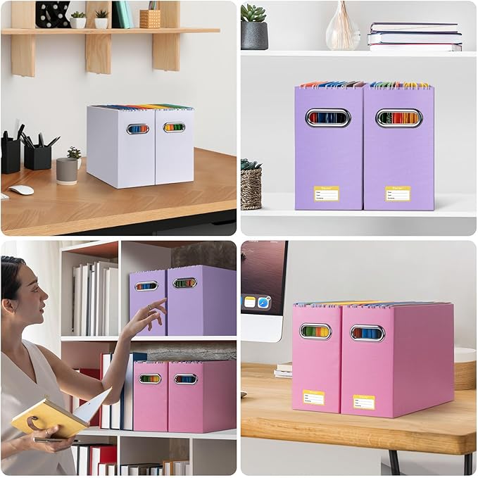 BALEINE File Organizer Box, Cardboard File Folder Organizer with Handle for Letter Size, Portable Collapsible Hanging Filing Box for Home Office Document Storage (4 Pack, Lavender)