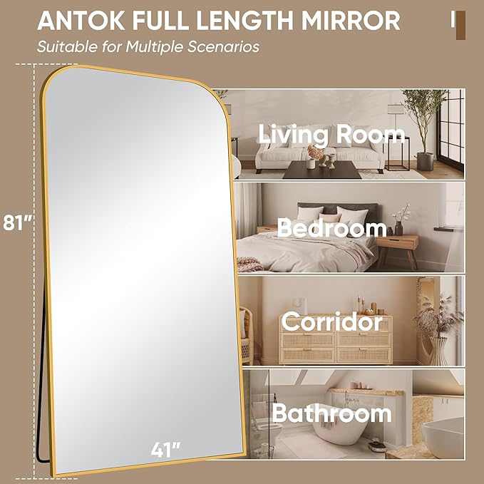 Antok Full Length Mirror, 81"x41" Floor Mirror Freestanding, Arched Floor Standing Large Full Body Mirror with Stand for Bedroom, Hanging Mounted for Living Room, Gold