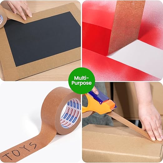 ADHES Kraft Paper Tape, 2 Inch x 60 Yards x 12 Rolls, Biodegradable Paper Packing Tape Writable & Uncoated Brown Shipping Tape for Shipping, Moving, Sealing