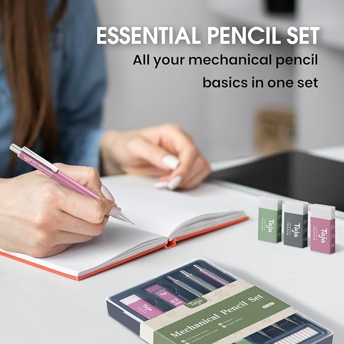Aesthetic 0.7mm Mechanical Pencil Set with Case – 3 Vintage Mechanical Pencils, 4 Tubes HB #2 Lead Refills, 3 Erasers & 12 Eraser Refills, Cute Pencil Kit for Back to School Stationery Supplies