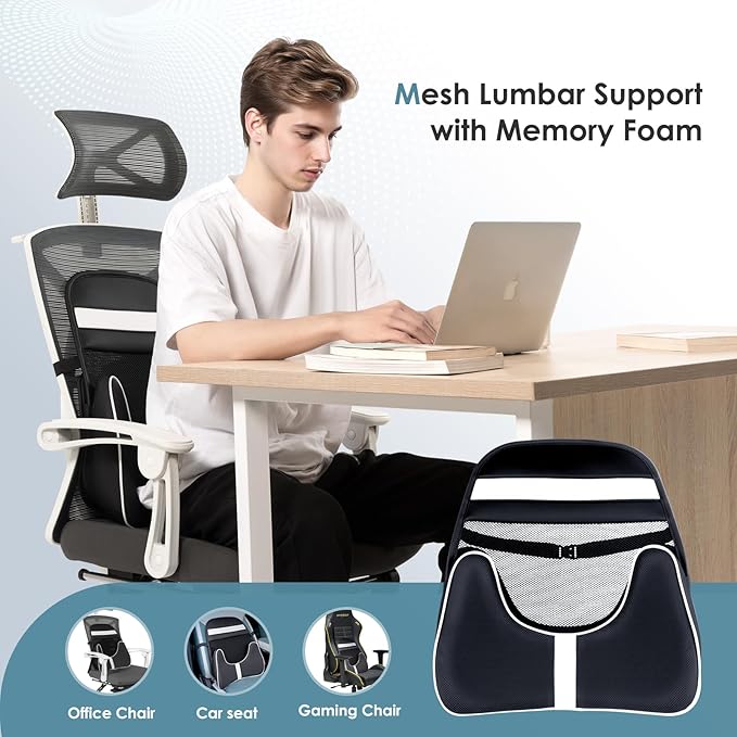 FLORICH Double Layer Breathable Mesh Lumbar Support Ergonomic Leather Lumbar Support Pillow with 3D Mesh Back Support and Adjustable Strap for CarSeat & Office Chair