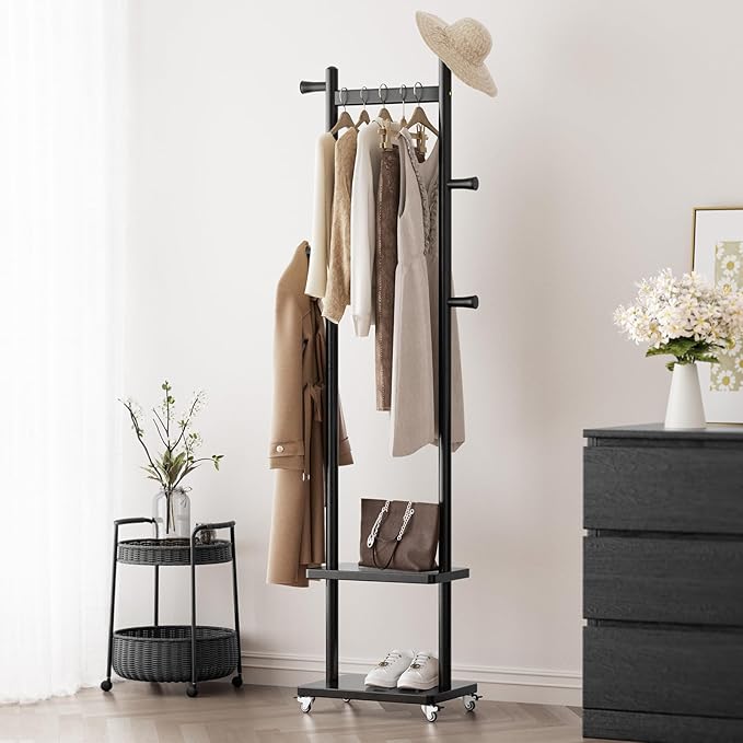 Coat Rack Freestanding Clothing Rack with Wheels & 2 Shelves Storage & 5 Hooks Heavy Duty Clothes Rack Wood Coat Tree Stand Hat Hanger Rack for Corner Bedroom Entryway Living Room Hotel