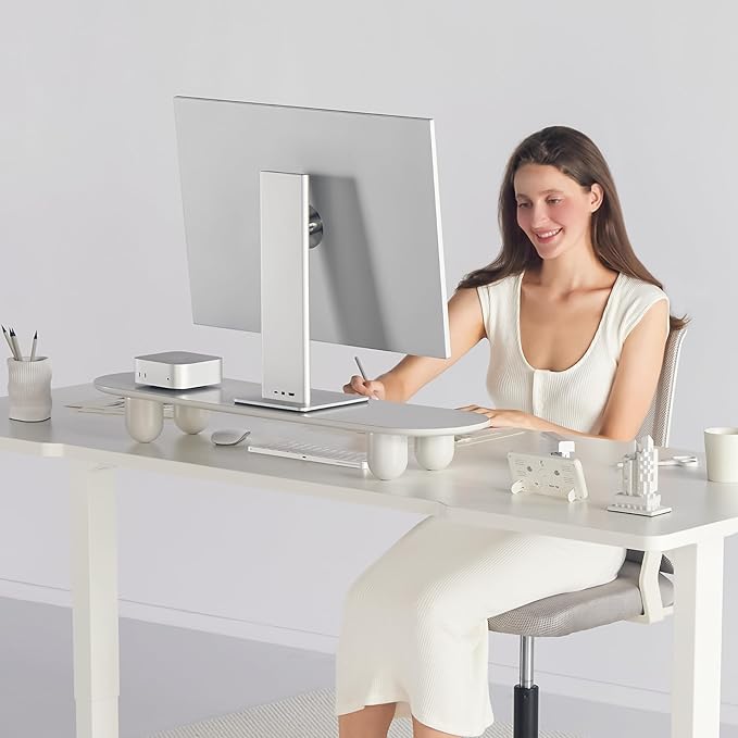 Fenge Monitor Stand Riser, 34 Inch Dual Monitor Riser for Large Monitors, Desk Organizer with Wooden Shelf & Solid Wood Legs, Computer Stand for Laptop, TV, PC, Printer, White