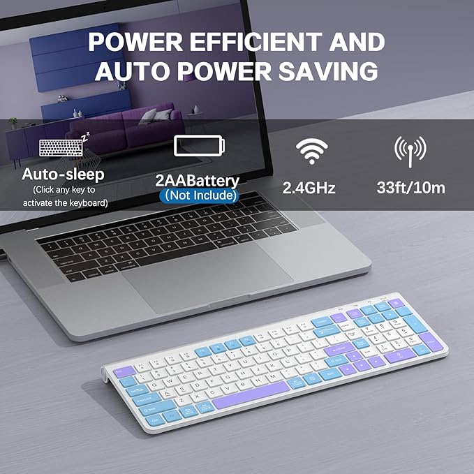 Colorful Wireless Keyboard with Low-Profile Keys-Soft Touch,Cute,Quiet Design,Windows & Mac OS,Office Cordless Slient Computer Keyboard for Desktop,Laptop, PC, Mac, Windows-Purple Blue White