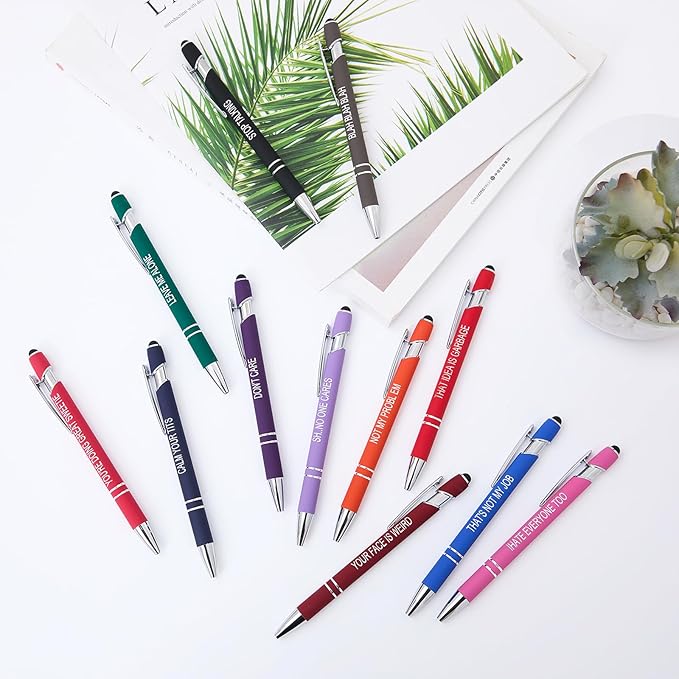 Funny Pens, 12 Pcs Pens Fine Point Smooth Writing Pens, Sarcastic Ballpoint Pens with Screens Touch Stylus Tips, Black Ink 1.0 Mm Snarky Pens, Gift Office Desk Accessories