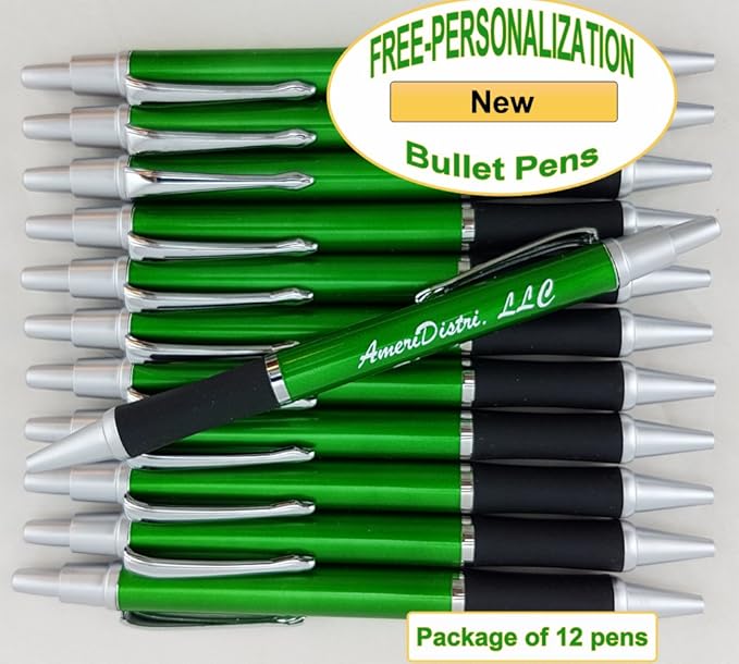 ezpencils - Personalized - Elegant Tip and Click Silver Accents on Green Solid Color Body and Black Grip - Bullet Ballpoint Pens - 12 pkg - ** FREE PERZONALIZATION **
