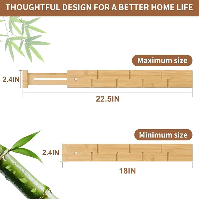 Bamboo Drawer Dividers with Inserts kitchen drawer organizer Adjustable Expandable 8 Pack Organizer Set for Kitchen Bedroom Bathroom Office 8 Dividers with 16 Inserts (Natural, Large (18-22.5IN))