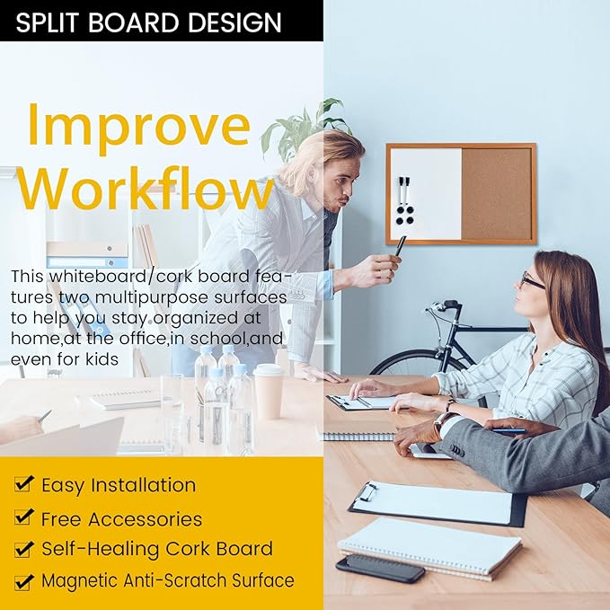 Combination Writeboard 24"x 18" Magnetic Whiteboard & Cork Board Dry Erase Board Bulletin Board Wall Mounted Wood Frame