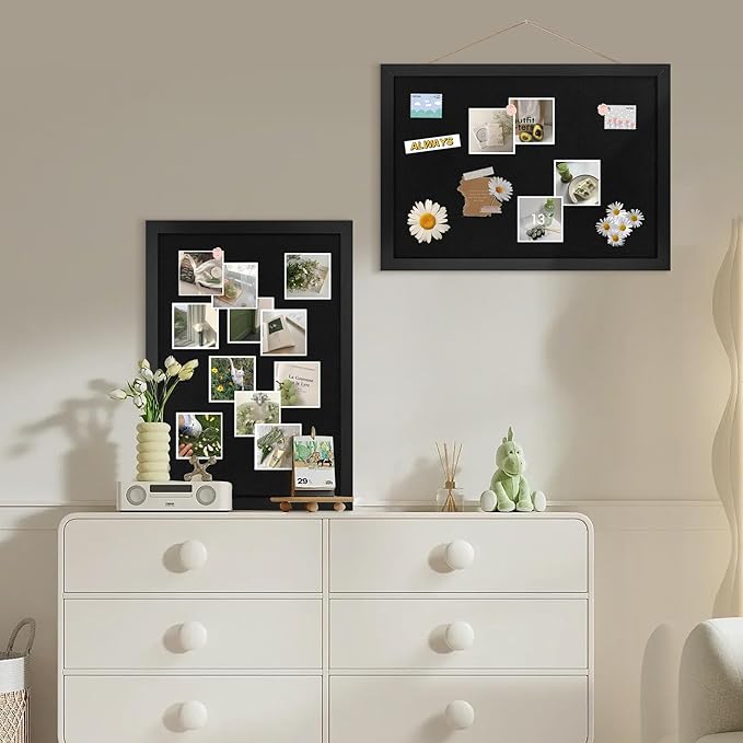 Black Cork Board Bulletin Board 16.7" x 11", Small Linen Corkboards with Frame for Walls, Cute Picture Display Pin Board Vision Board for Room School Office Bedroom 8 Pushpins