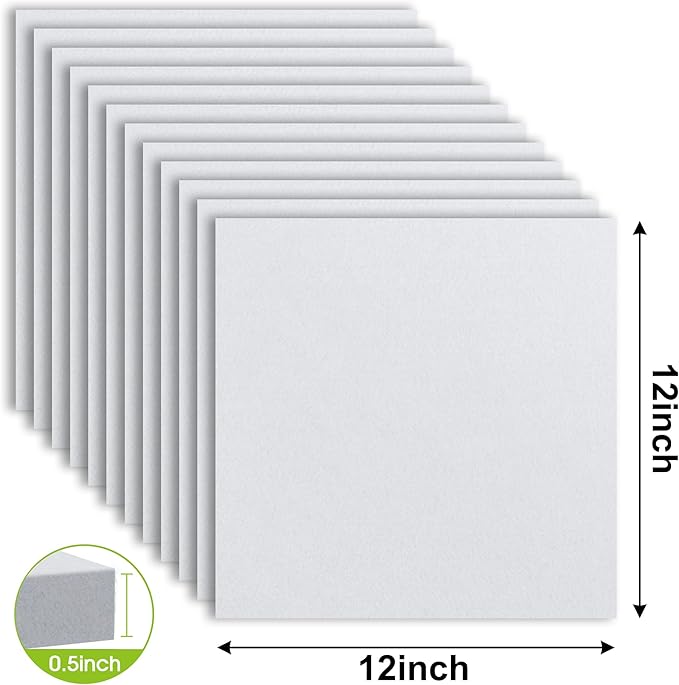 AKTOP White Cork Bulletin Board 12x12, 1/2" Thick Felt Cork Board Tiles 12 Pack, Small Square Pin Board for Wall, Self Adhesive Corkboards with 120 Push Pin Wood Clips for School, Home & Office