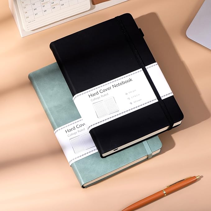 CAGIE 2 Pack Notebooks Journals for Women Men Hardcover A5 Journaling Notebooks Leather Journals for Writing Thick Journal Supplies Diary, Green& Black