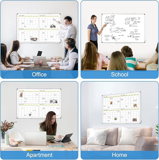 Dry Erase Calendar for Wall 4 Month, WALGLASS 36" x 24" Large Double-Sided White Board Calendar, Dry Erase Monthly Planner Board, Silver Aluminum Frame Hanging Wall Mounted for Office Home School