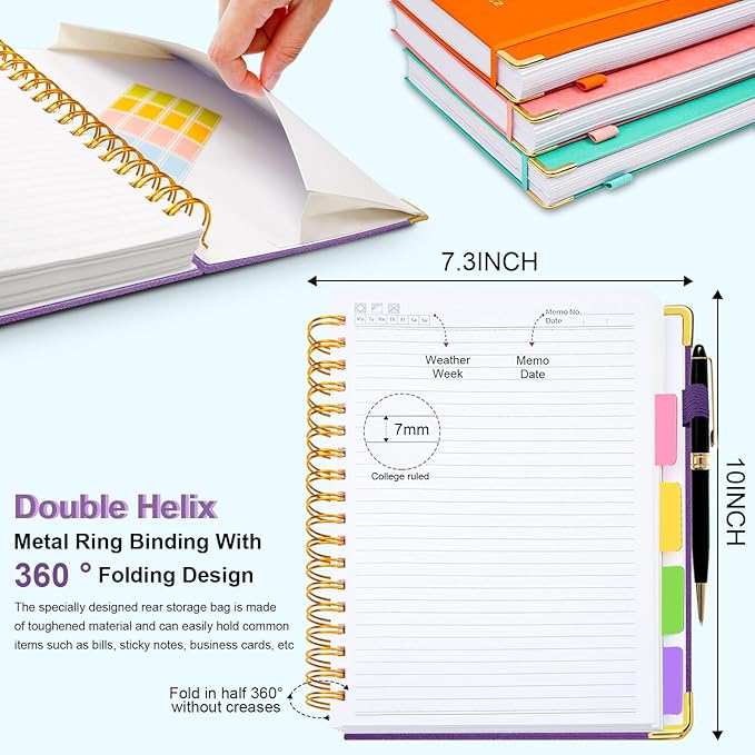 Hardcover Spiral Notebook 8"x10" Journal Notebook with Tabs and Removable Dividers 300 Pages 5 Subject Notebook College Ruled, Faux Leather Spiral Bound Notebook for Women, Students, School Work (Purple)