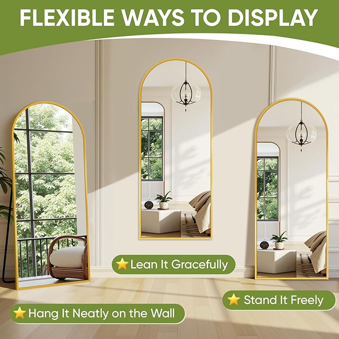 Full-Length Floor Mirror with Stand, 71"x28" Arched Style Full Body Standing Mirror for Bedroom, Living Room, Gym, Dorm - Shatter-Resistant & Easy Assembly, Gold