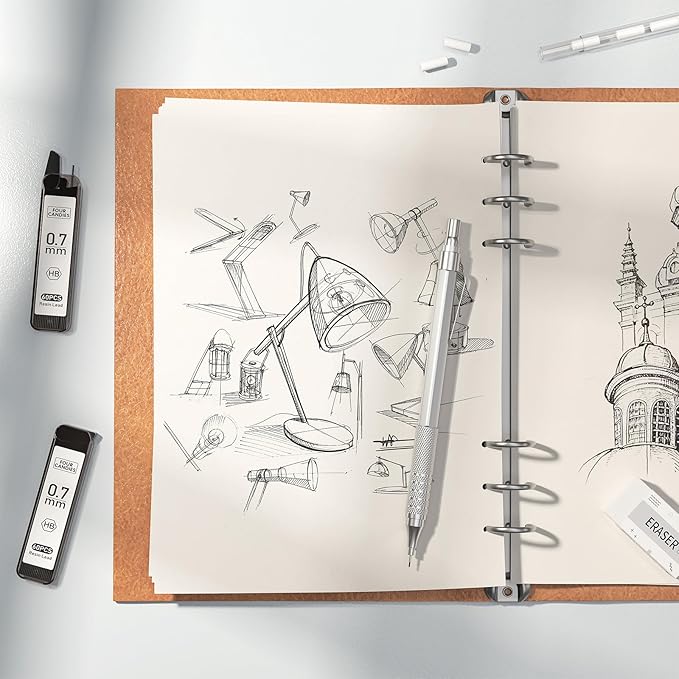 Four Candies 2PCS Metal Mechanical Pencils Set with Case, 0.5mm & 0.7 mm Artist Pencil with 6 Tubes (360PCS) HB Lead Refills, 3 Erasers,9 Eraser Refills For Writing Drafting, Drawing, Silver