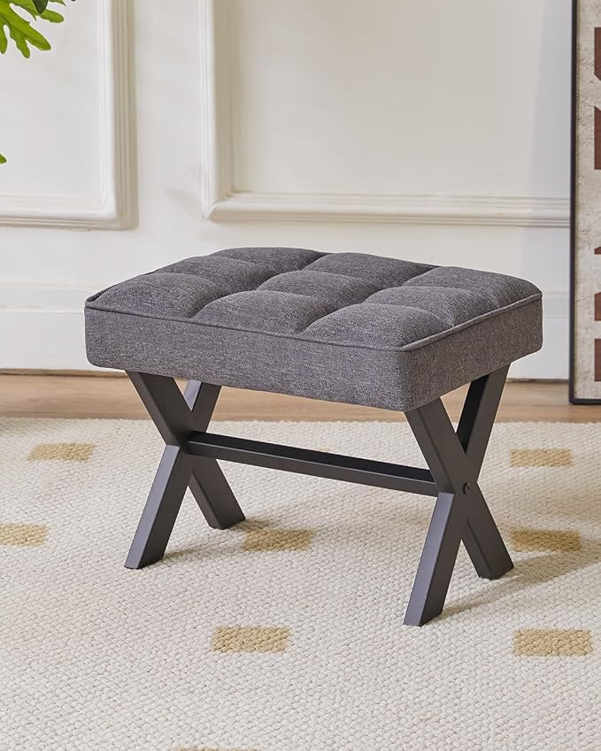 IBUYKE Small 12" H Footrest, Square Linen Foot Stool with Metal X-Leg, Multi-Use as Small Side Table, Step Stool for Living Room, Bedroom, Entryway, Office, Dark Gray WBD011G