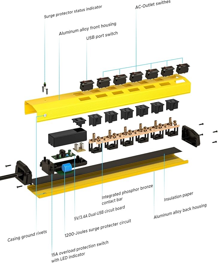 CRST 6-Outlet Heavy Duty Power Strip with USB and Individual Switches, 1200 Joules Metal Mountable Surge Protector Power Strip 15A Circuit Breaker, 6FT Extension Cord for Garage, Workshop, Home