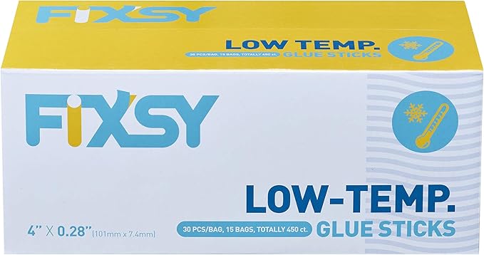 FIXSY Hot Glue Gun Sticks Low Temp Low Melt Cool Glue, Mini Size 4" Long x .28" Diameter 5/16 7mm, 30 Counts/Pack, 15 Packs, 450 Counts/Box, Scrapbooking