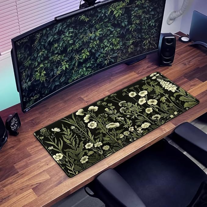 Floral Green Plant Mouse Pad Aesthetic Vintage Desk Pad Black Extended Mouse Pad Large Desk Mat for Desktop Keyboard Pad and Office Home Work Mouse Pad XXL Laptop Computer Mat 31.5 X 11.8 in