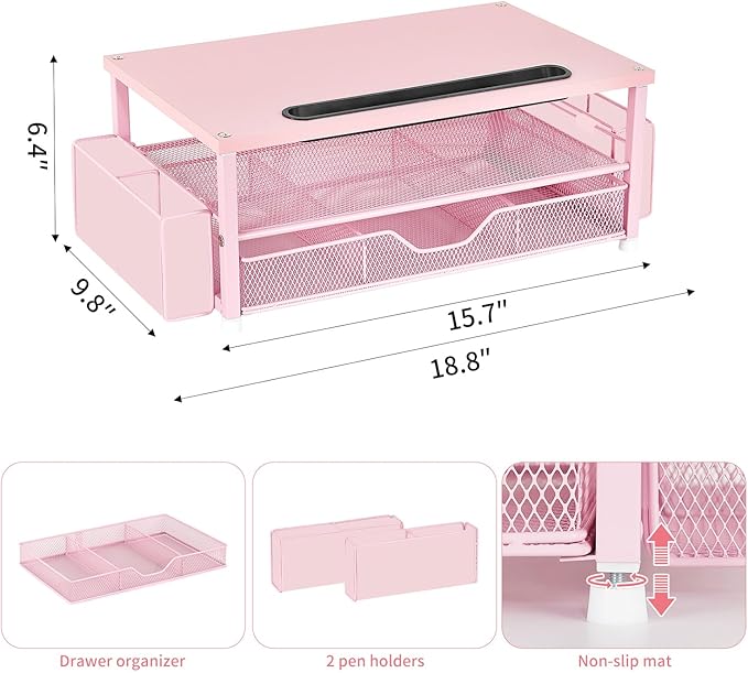AUPSEN Pink Desk Organizers and Accessories, 2-Tier Wood Computer Monitor Stand with Drawer, Pen Storage & Phone Holder, Office Desk Accessories, Workspace Desktop Organization for Office Supplies