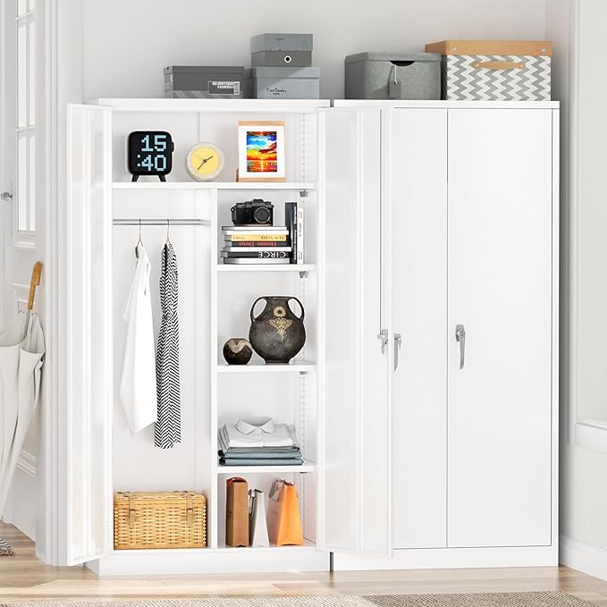 Greenvelly Metal Storage Wardrobe Cabinet with Lock, 72" White Metal Wardrobe Closet for Hanging Clothes with Doors and Shelves, Modern Clothes Closet for Home, Office and Bedroom, School,Gym