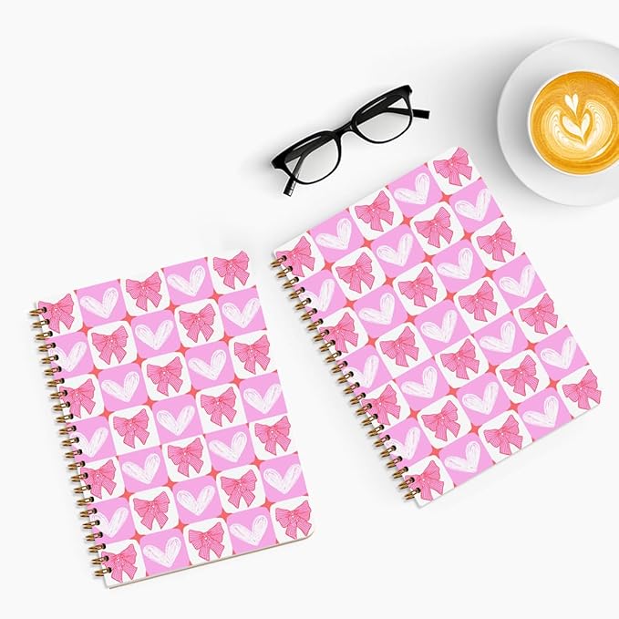 2Pcs Spiral Notebook, Pink Bow Heart College Ruled Spiral Notebook, 160 Pages Hardcover Notebooks Journals for Writing Travel Business Office, Cute Pink Aesthetic Notebooks for Women