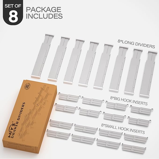 HiYZ Expandable Drawer Dividers with Inserts - Adjustable Drawer Organizers Separators for Kitchen, Bedroom, Dresser, Office, 8 Long Dividers(12.6-22.8 IN) with 16 Inserts(3.9-7.1 IN) - Gray