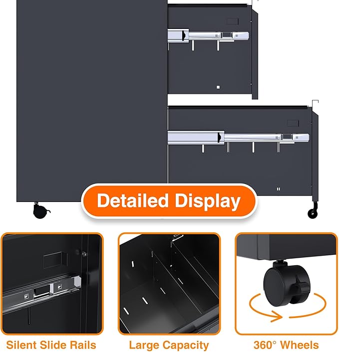 Aobabo Metal 2 Drawer Mobile File Cabinet with Lock, Under Desk Office Steel Filing Cabinet, 25.6''H Legal/Letter Size, Black, Fully Assembled Except Wheels