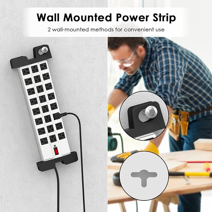 HHSOET Heavy Duty Power Strip with Surge Protection, Industrial Commercial Metal 24 Outlets Wall Mount for Garage Shop, 15 Amp, Switch, 6FT Extension Cord, Grey.