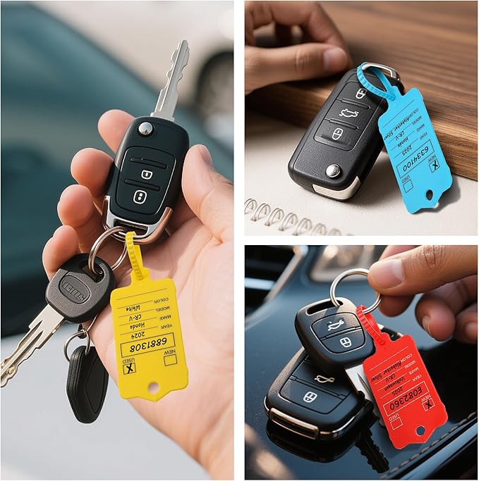 200 Car Key Tags with Labels Plastic Car Dealership Key Tags Self Locking Automotive Identifiers Blank Shop Labels with One Pen (Mixed Color)