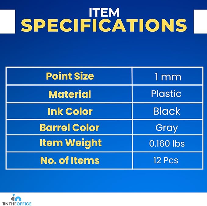 1InTheOffice Ballpoint Pens, Medium Point, Black Ink, 1.0mm, 12 Pack