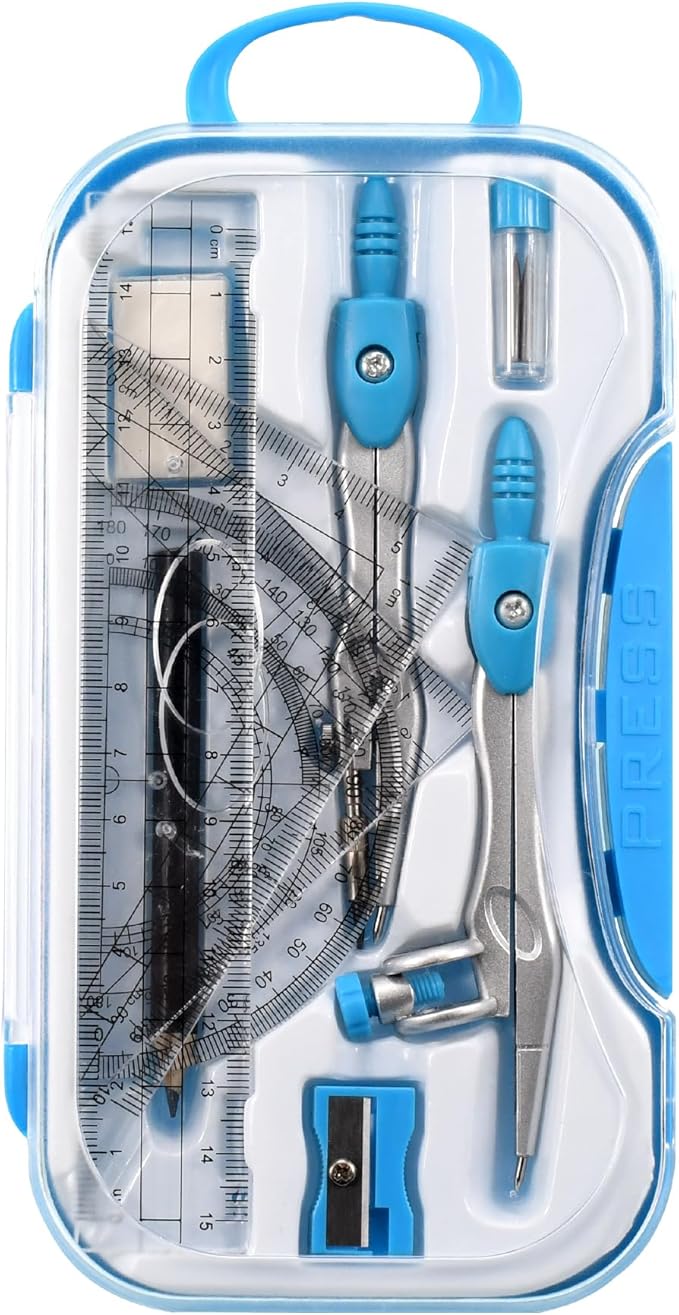 10 Pieces Math Geometry Kit Set Student Supplies with Shatterproof Storage Box,Includes Rulers,Protractor,Compass,Eraser,Pencil Sharpener,Lead Refills,Pencil,for School and Drawings(Blue)