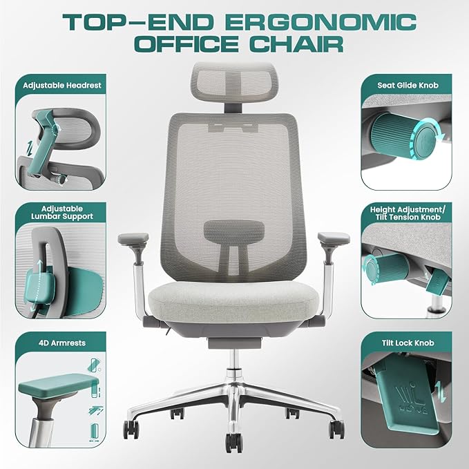 COLAMY Ergonomic Mesh Office Chair, High Back Computer Executive Desk Chair with Adjustable Headrest and 4D Arms, Slide Seat, Tilt Lock-Light Grey
