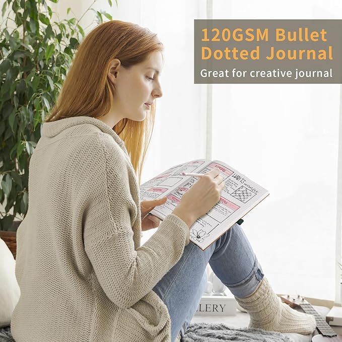 AHGXG Bullet Dotted Journal - Dot Grid Notebook Journal, 120 GSM Thick Acid-Free Paper, Large B5 Dotted Notebook 96 Pages, Leather Softcover, Inner Pocket, Journal Stencil, 7.6'' X 10'' - Rose Gold