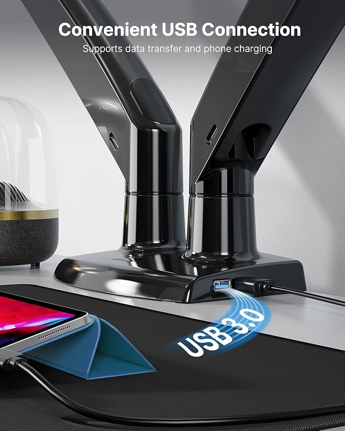 HUANUO Dual Monitor Stand for 13 to 40 inch, Premium Dual Monitor Mount with USB, Height Adjustable Monitor Stand for 2 Monitors, VESA Mount with Clamp/Grommet Base, Each Arm Hold up to 26.4lbs, HNDS7