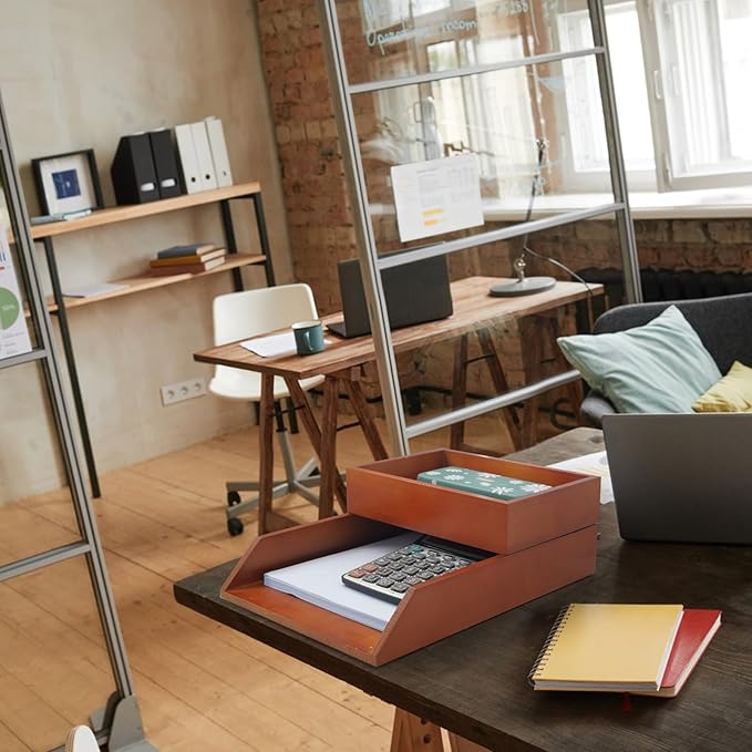Desk Organizer Letter Tray Set of 2, Magnetic Wooden Tabletop Desktop for Storage Paper Letter Folders Notebooks Copy Print, Workspace Holder, Office Supplies, Keep Stationery Saver-Brown