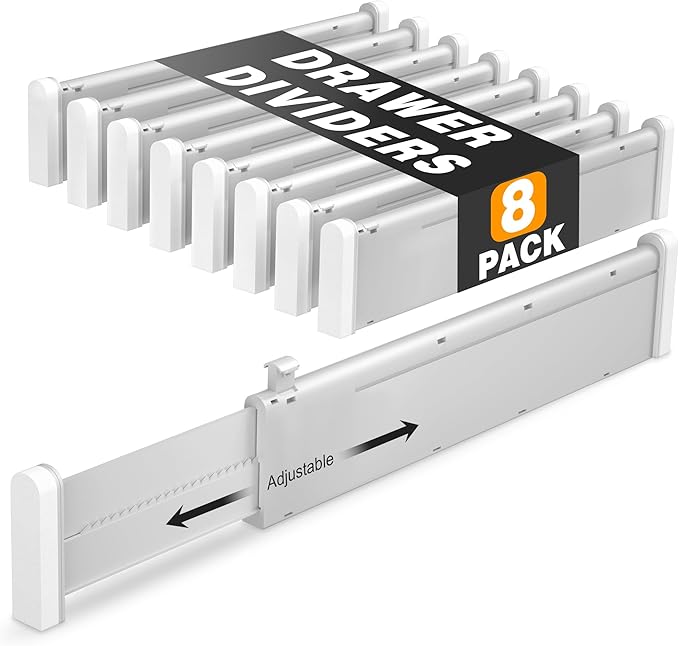 HiYZ Expandable Drawer Dividers - 12.6-22.8'' Adjustable Drawers Organizers for Kitchen Utensils, Drawer Separators in Bedroom, Dresser, Office, Bathroom, Fridge, 8 Pack Long Dividers-Gray