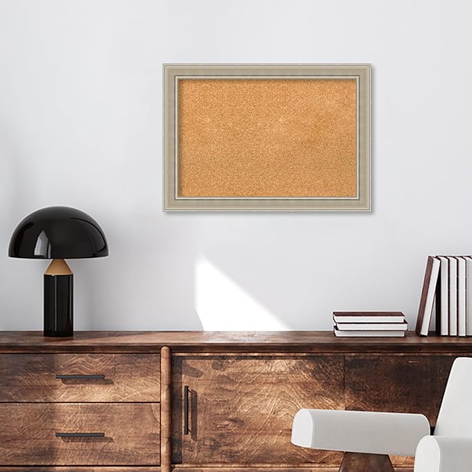 Amanti Art Natural Cork Board for Wall, 20x28 Vision Board with Silver Wood Frame, Medium Corkboard Office Decor for Home Organization, Modern Contemporary Corkboard Pinboard to display items for home