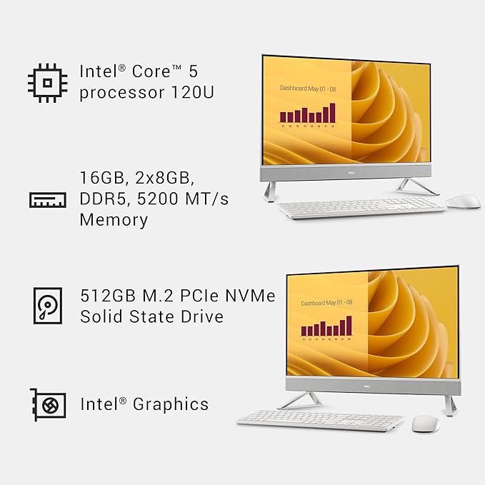 Dell 27 All-in-One Desktop ec27250-27-inch FHD (1920 x 1080) Display, Intel Core 5 Processor 120U, Intel Graphics, 16GB DDR5 RAM, 512GB SSD, Windows 11 Home, Onsite Service - White