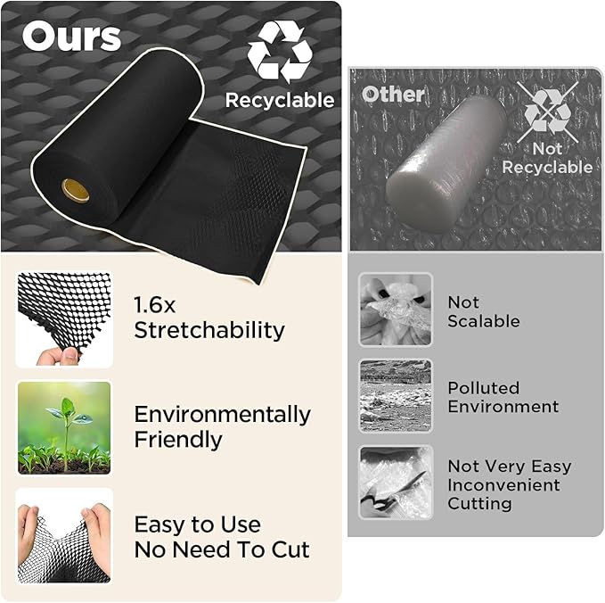 Honeycomb Packing Paper, 12"x150' Black | Perforated Honeycomb Packing Paper Recyclable Moving Supplies for Shipping & Moving | Plastic-Free Alternative to Bubble Cushion Wrap with 36 Fragile Stickers