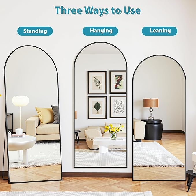 Full Length Mirror, 71"x28" Oversized Floor Mirror Freestanding, Full Body Mirror Floor Standing Mirrors with Stand, Hanging Mounted Mirrors for Bedroom Living Room, Black, Arched Style